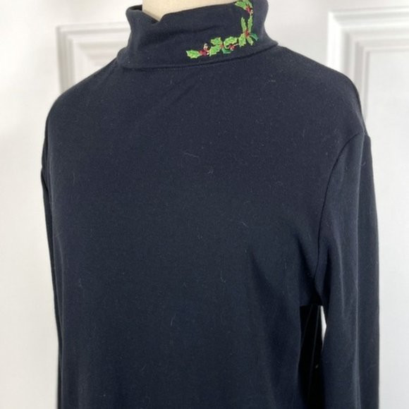 Bechamel Petite Christmas Poinsettia Black Sweater PL Holly Turtleneck Top LOT 2 - Picture 7 of 9
